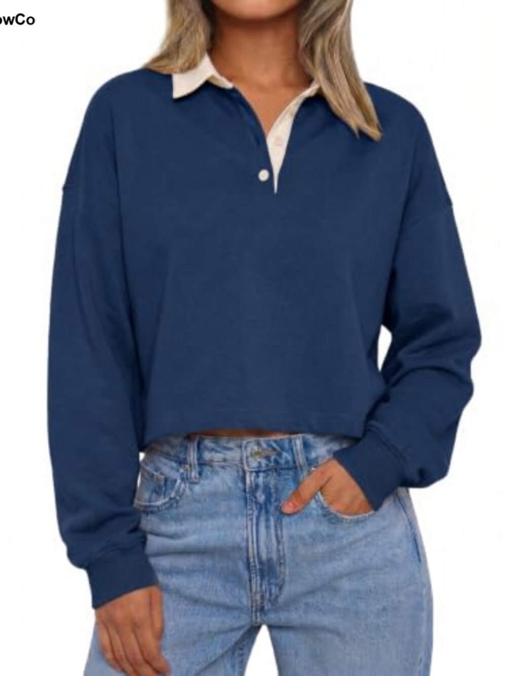 Women's Long Sleeve Cropped Polo Shirt with Color Block Collar